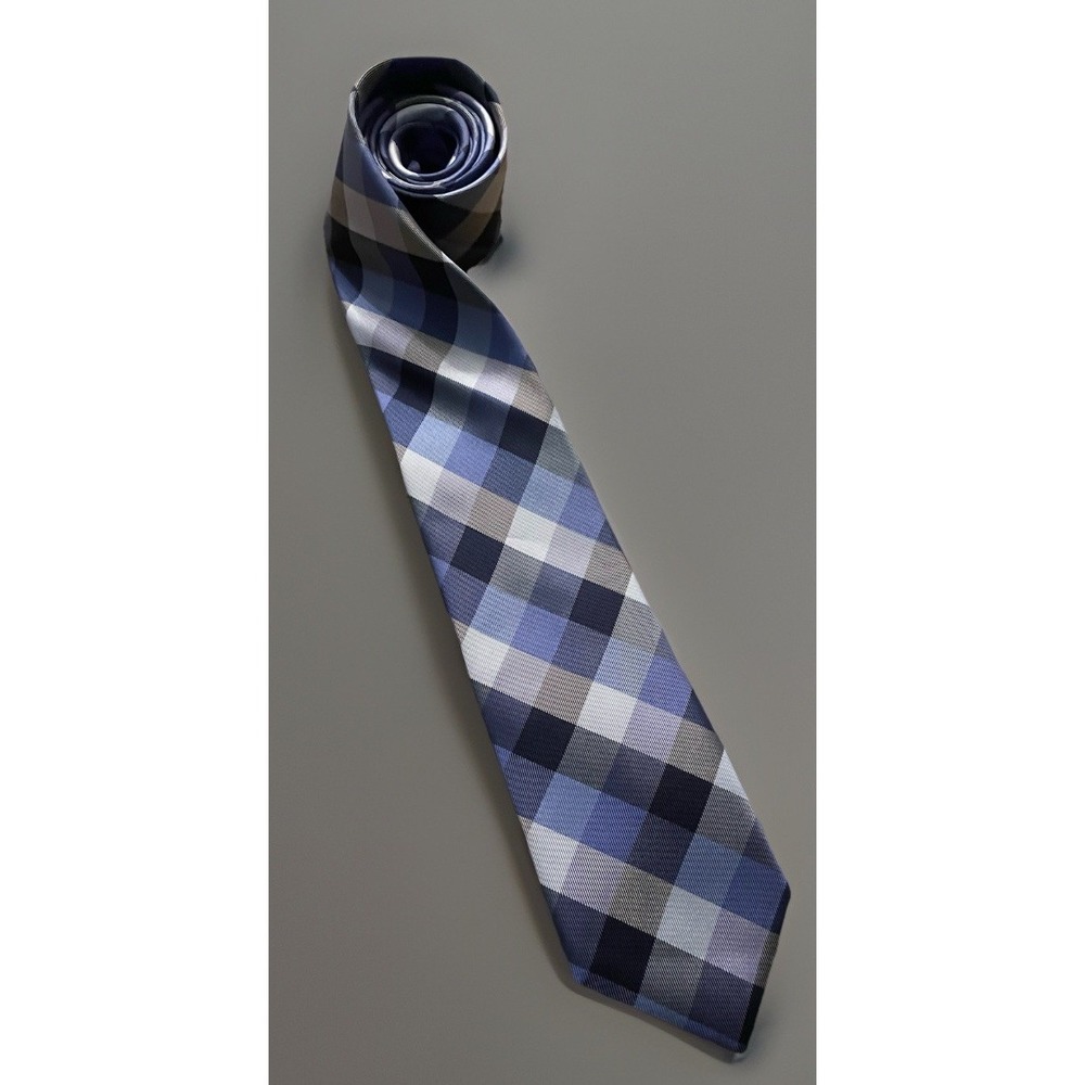 Tommy Hilfiger Neckwear Tie Blue Silver Checkered Plaid Pattern 100% Silk JBHS